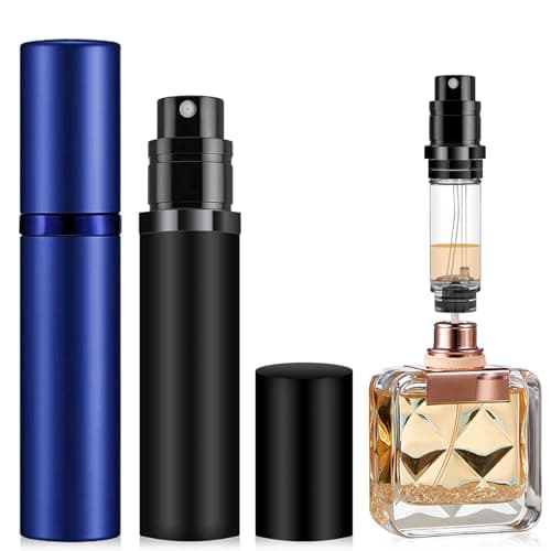 Image of POTWPOT Perfume Atomiser, 2 Pack 5ML Refillable Perfume Spray Bottle Travel Size, Nano Mist, Bottom Pump, Leak Proof Cologne Dispenser for Women and Men (Black & Blue)