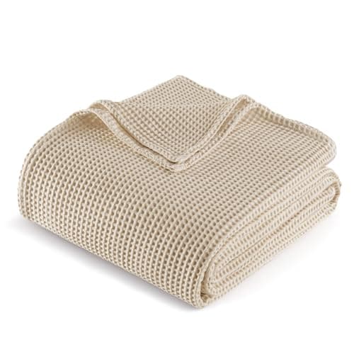Image of Exclusivo Mezcla 100% Cotton Muslin Gauze Waffle Weave Throw Blanket, Soft Lightweight and Breathable Knit Blanket for Couch, Sofa, Office, All Season, 127x178 CM, Khaki