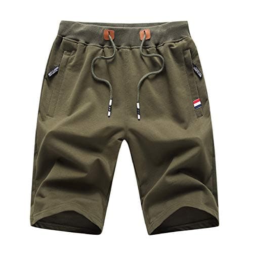 Image of ZOXOZ Mens Shorts Gym Running Sports Summer Cotton Casual Joggers Shorts with Elasticated Waist Zipper Pockets Army Green M
