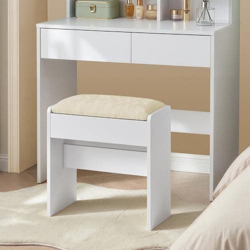 Image of VASAGLE Dressing Table Stool, Velvet Upholstered Makeup Stool, Modern Footrest with Anti-Slip Pads, for Dressing Room, Bedroom, Entryway, Matte White and Cream White RDS001WD02