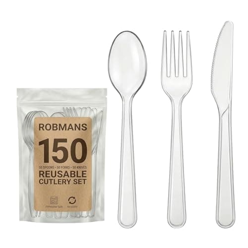 Image of 150 Pack Heavy Duty Clear Reusable Cutlery Set – 50 Forks 50 Knives 50 Spoons – Reusable Party Cutlery for Weddings, BBQs, Buffets, Picnics & Camping – Dishwasher Safe