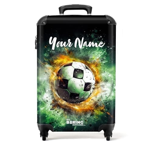 Image of NoBoringSuitcases.com® Children's Luggage Kids Suitcase - Personalised Hand Luggage on Wheels - Cabin Suitcase - Football Design in Green - 55x40x20cm - Lightweight Trolley - 20 Inch - 10kg