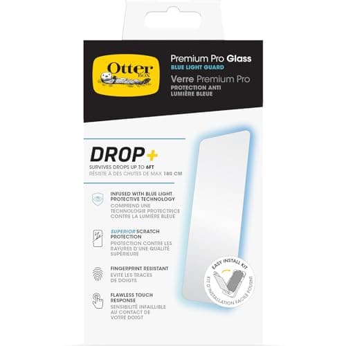 Image of OtterBox Premium Pro Blue Light Glass Screen Protector for iPhone 15 Pro, Tempered Glass, Superior Scratch Protection, Survives Drops up to 6ft, Antimicrobial Protection
