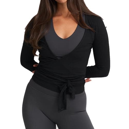 Image of BABWWNIX Y2k Ballet Pilates Wrap Top for Women Long Sleeve Deep V Neck Tie Front Workout Yoga T Shirt Blouses Sports Tops (C-Black, M)