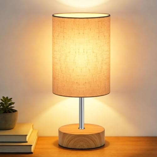Image of HUGCHG Touch Control Table Lamp, Dimmable Touch Control Bedside Lamp Small Table Lamp with Wood Grain Base & Linen Fabric Shade for Bedroom,Living Room,Children's Room,Bulb Included