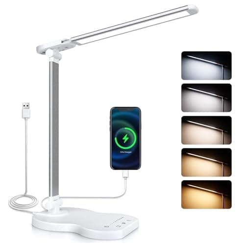 Image of Caldarax Desk Lamp Dimmable, Eye Caring Table Lamp with USB C Port, 5 Colour Modes x 10 Brightness Levels, 45Min Timer, Touch Control White Table Light, Foldable Lamps for Study Work Reading Bedside