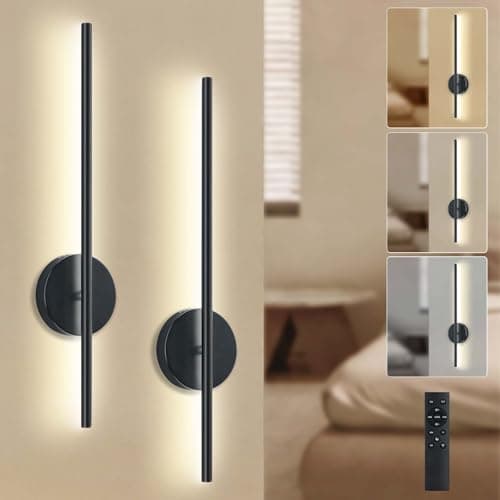 Image of 2-Pack 58cm Rechargeable Wall Lights, Wireless LED Wall Sconces with Remote & Touch Control, 4000mAh Battery Operated Wall Lamp No Wire, 3 Color Dimmable Timer for Bedroom, Living Room, Hallway, Black