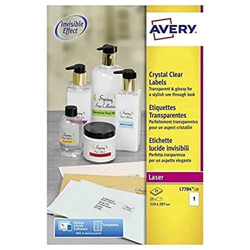 Image of Avery L7784-25 Printable, Customisable Crystal Clear Transparent Labels, 1 Label Per A4 Sheet