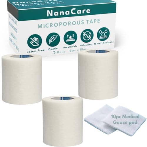 Image of Paper Medical Tape Waterproof, 3 Rolls 5cm x 10m + 10pc Gauze Pads - Hypoallergenic Surgical Tape for Wound Care, Dressings & Face, First Aid Waterproof Bandage for Sensitive Skin - NanaCare