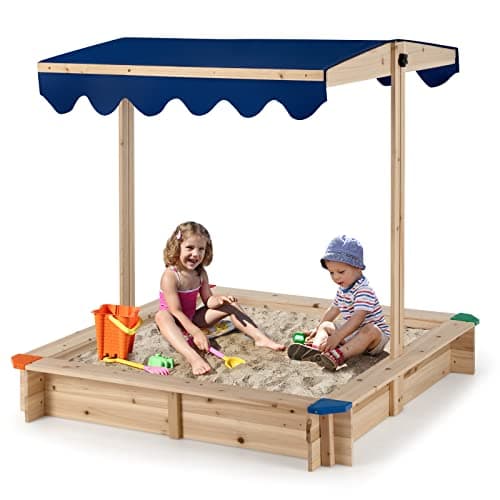 Image of GYMAX Wooden Kids Sandbox, Outdoor Children Sandpit with Adjustable Canopy, Bench Seats & Protective Corners, Garden Square Sand Pit for 3 Years Old+ Boys Girls, 120x120x120cm