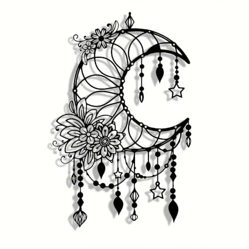 Image of Xshelley30 cm Matte Black Moon Phase Wall Decor,Elegant Metal Moon Wall Art with Floral & Hanging Stars,Retro Flowers Sculptures Silhouette Hanging Home Decor