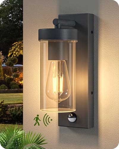 Image of EDISHINE Dusk to Dawn Outdoor Wall Lights, Clear Glass Modern Outdoor Lighting with Motion Sensor, IP44 Waterproof, for Front Door, Patio, Garage, E27 Base, Anthracite Grey