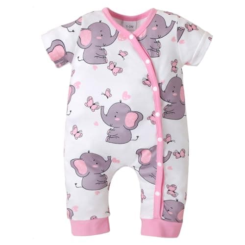 Image of KONFEN Baby Girl Outfits Romper Bodysuit, Short Sleeve Newborn Baby Girl Summer Clothes Elephant and Butterfly Print, One Piece Overall Button Jumpsuit Infant Onesie Outfit for 9-12 Months, Pink