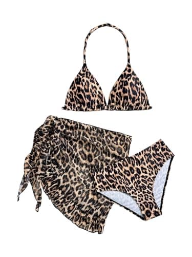 Image of GORGLITTER Girls Bikini 3 Piece Floral Triangle Hipster Bikini Sets with Coverup Sarong Swimwear Set 8-12 Years Brown Leopard 10Y