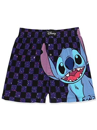 Image of Lilo & Stitch Galaxy Check Mens Cotton Jersey Button Fly Boxer Lounge Shorts (XX-Large, Navy)