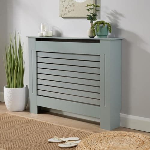 Image of Home Source Radiator Cover Wooden Wall Cabinet Shelf Slatted Grill, Grey, Medium 112cm