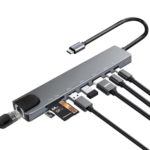 Image of USB C Hub with Ethernet Adapter, 8 In 1 USB-C Multiport Adapter with 100W PD, 4K HDMI, USB 3.0/2.0, Type-C Port, SD/TF Card Reader, Type C Hub for MacBook, Acer, Laptops, Surface, iPad, and More