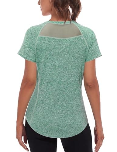 Image of Wayleb Gym Tops for Women UK Short Sleeve Round Neck Stretch Fit Mesh Back Training Tops Sports Shirts T Shirts for Fitness Yoga Green S-XXL