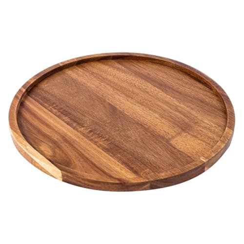 Image of Large Round Acacia Wood Tray Coffee Table Wood Plate Wooden Appetizer Charcuterie Board Rustic Farmhouse Candle Holder Vintage Style Jewelry Plate Decorative Wooden Serving Tray 25 cm
