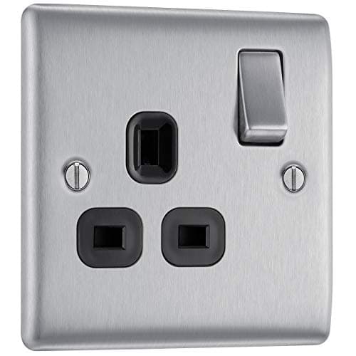 Image of BG Electrical Single Switched Power Plug Wall Socket, Raised and Slim Profile, Round Edges, Nexus Metal, Brushed Steel, Black Inserts, 13A, NBS21B