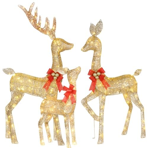 Image of HOYECHI Lighted Christmas Decoration Deer 3 Piece, Light up Christmas Decor Reindeer Family Set for Indoor Outdoor Front Yard Porch with LED Lights, Plug, Extension Cord, Ground Stakes - Gold