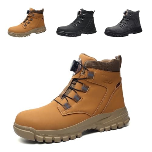 Image of Work Boots Mens Waterproof Safety Shoes Women Lightweight Non-Slip Steel Toe Cap Boots Brown Size 9