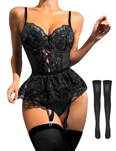 Image of ROSVAJFY Women's Garter Teddy Lingerie Set With Stockings, Floral Lace Naughty Bodysuit Strappy One Piece Babydoll Nightwear, Sexy Deep V Cutout Jumpsuit Mesh Sleepwear (Black, L)