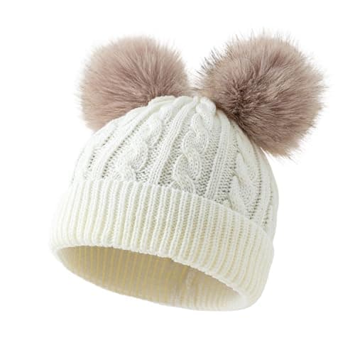Image of Mzbnfa Winter Hats for Women - Wooly Hats with Bobble, Double Pom Pom Bobble Hat, One Size Fit for Cold Weather, Warm Knit Beanie (White)