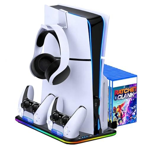 Image of Cooling Stand for PS5 with Dual Controller Charging Station Compatible with PS5 Pro/Slim Disc & Digital Console, Vertical Stand with 3-Speed Fan, 15 Game Disc Slots, Headphone Hook, LED Lights, Black