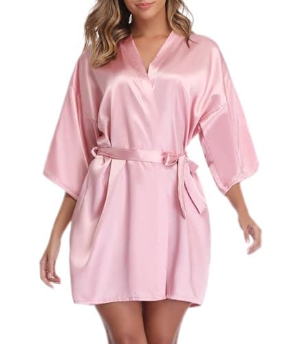 Image of Vlazom Women's Kimono Robes Dressing Gown Satin Bathrobe Nightdress Pure Colour Short Style with Oblique V-Neck, M(UK 8-10), Dusky Rose