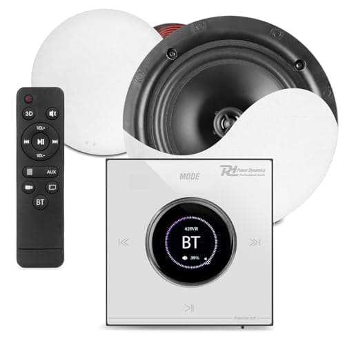 Image of Power Dynamics Powerline Bluetooth Ceiling Speaker System with LCD In-Wall Amplifier – 2x 6.5 Low-Profile Speakers, White Touch Panel, Complete Audio Kit, Speaker Cable, Home & Office Audio