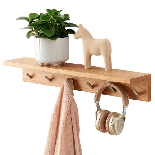 Image of OAKERLAND Oak Floating Shelf with Hooks, 70cm Solid Wood Wall Rack, Wall Mounted Coat Hooks with Display Shelves for Entryway, Bedroom, Living Room, Office, Laundry etc
