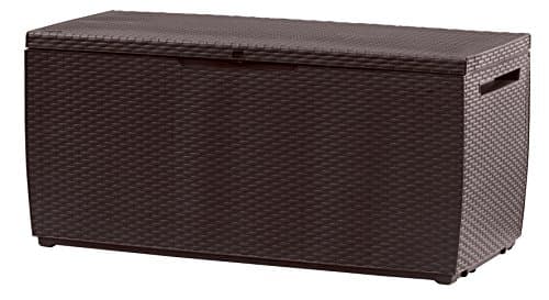 Image of Keter, Capri Outdoor Plastic Storage Box, decorative rattan-style design for ventilation and dryness, seats two adults with lockable option, 123 x 53.5 x 57 cm, 305L, Brown