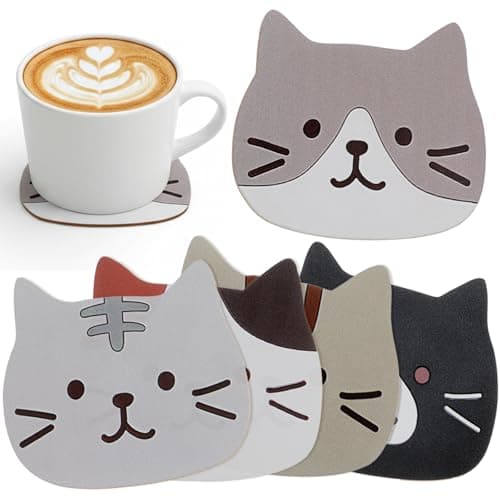 Image of Ouligay 5 Pieces Cute Cat Coasters Gifts for Cat Lovers, Drink Coaster Non Slip Cats Themed Coaster for Beer, Coffee, Office, Bar, Farmhouse Home Apartment Decor Supplies, Tabletop Protection
