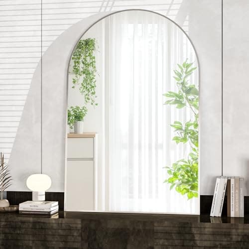 Image of CASSILANDO Arched Mirror, 50×75cm Arched Bathroom Vanity Mirrors, Aluminum Alloy Frame, Wall Mounted for Living Room, Fireplace, Bedroom, Entryway, Silver