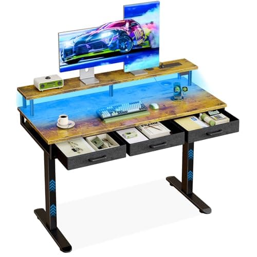 Image of OffiGo Electric Standing Desk, 120 x 54cm Height Adjustable Desk with 3 Drawers, RGB LED Strip & Charging Station for Home Office Computer Workstation, Computer Table with Monitor Stand, Rustic Brown