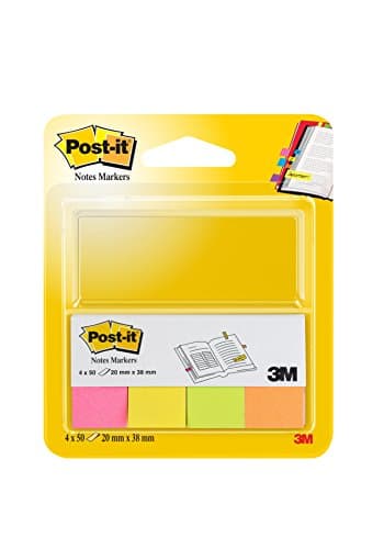 Image of Post-it Notes Markers, Assorted Neon Colours, 4 Pads 20 mm x 38 mm, 50 Sheets/Pad - to Mark, Highlight or Color Code Important Information