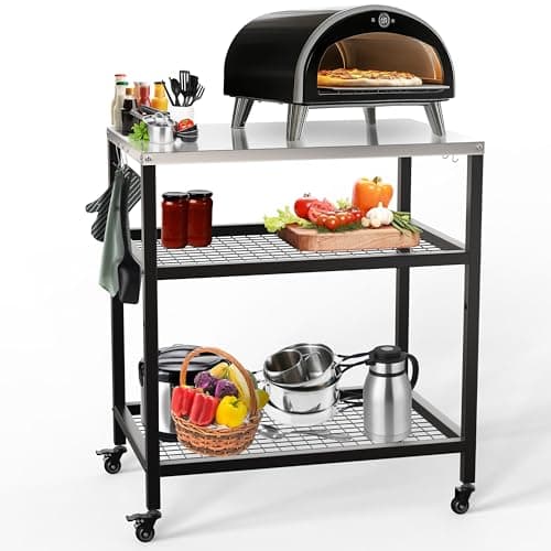 Image of Outdoor Pizza Oven Stand Grill Cart Table Pizza Oven Trolley Stand Stainless Steel Table on Wheels Dining Food Prep Table BBQ Grill Stand for Kitchen Patio Backyard Garden 80x60x90cm