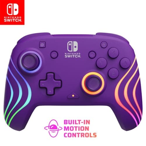 Image of PDP Afterglow Wave Wireless Pro Controller with Full Motion for Nintendo Switch, Nintendo Switch - OLED Model, 8 RGB LED Lighting Zones, 30 Foot Range, 20 Hour Rechargeable Battery Purple