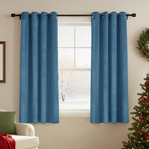 Image of Deconovo Velvet Curtains Soft Bedroom Curtains Thermal Insulated Elegent Eyelet Room Darkening Drapes for Kitchen 46 x 54 Inch Stone Blue One Pair