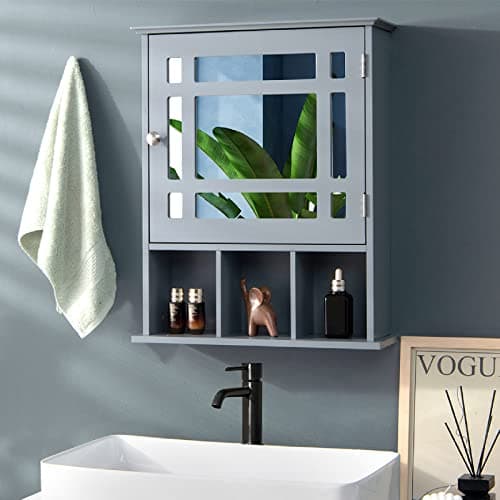 Image of CASART Wall Mounted Bathroom Cabinet, Single Door Storage Mirrored Cupboard with Adjustable Shelf and 3 Open Compartments, Wooden Mirror Organizer for Bedroom, Living Room, Bathroom (Grey)