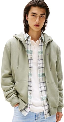 Image of Tommy Jeans Men’s Flag Zip Through Hoodie, Green (Utility Sage), XS