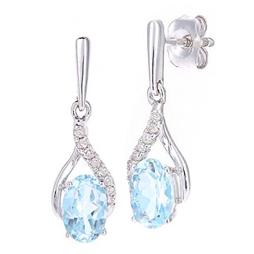 Image of Naava 9ct White Gold Oval Blue Topaz and Diamond Twist Drop Earrings of 46cm