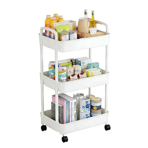 Image of Multibao 3 Tier Storage Trolley Cart on Wheels with Handle Kitchen Bathroom Laundry Narrow Space Rack Space-Saving Mobile Shelving Organizer L35cm x W24cm x H68cm (White)