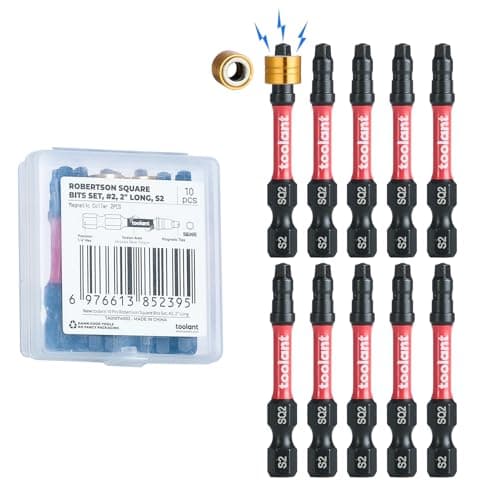 Image of toolant Robertson Bits Set, Square Drill Bit Impact S2 Steel with Magnetic CNC Tips, 1/4" Hex-Shank, 10pcs Robertson Bits #2 with Storage Box, 2" Long