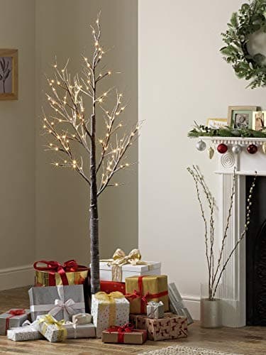 Image of Dawsons Living Pre-Lit Twig Tree 6ft - White Snow Birch Outdoor and Indoor Decorative Festive Tree - LED Lights (180cm / 6 Foot)