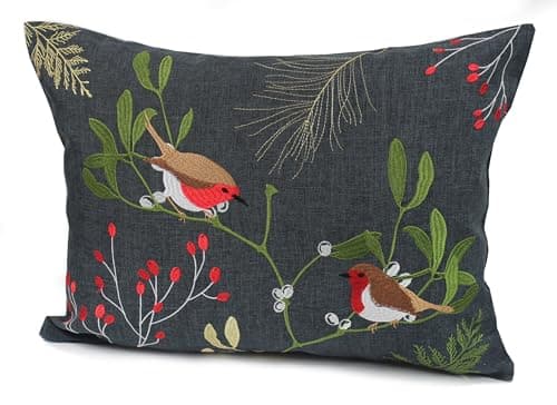 Image of Peggy Wilkins Textiles Winter Robins Embroidered Christmas Cushion - Pewter/Multi - 33cm x 45cm