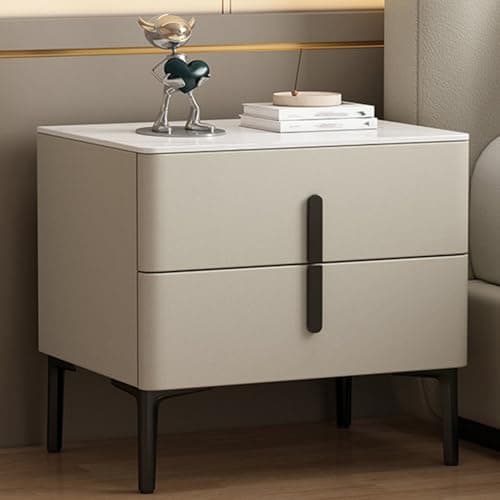 Image of Modern Bedside Table with Two Drawers and Rock Board Top, Easy-Clean High Legs for Bedroom Organization