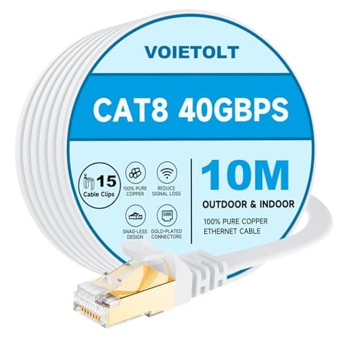 Image of VOIETOLT Cat8 Ethernet Cable 10M, 40Gbps/2000Mhz Flat High Speed Network Cable, STP RJ45 Gigabit Cat-8 Lan Internet Cable for PS4/5, for Modem - White