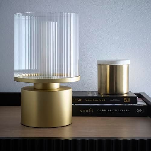 Image of K LIVING Ribbed Glass Satin Gold Table Lamp or Satin Nickel Table Lamp with Ribbed Glass Shade with a Ceramic Bulb Cover (Gold)